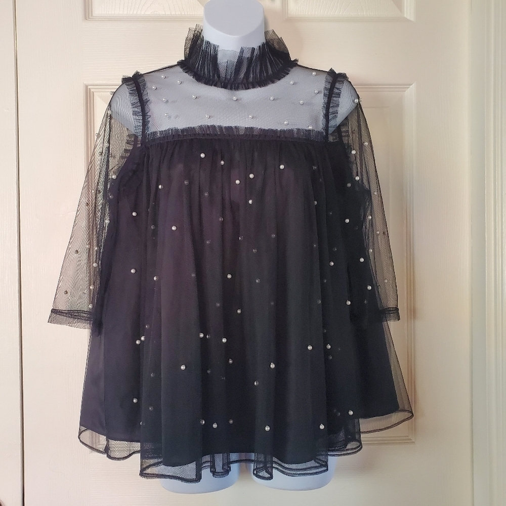 Forever 21 Black Sheer Blouse Faux Pearl Embellished Loose Fit Punk Rock Small